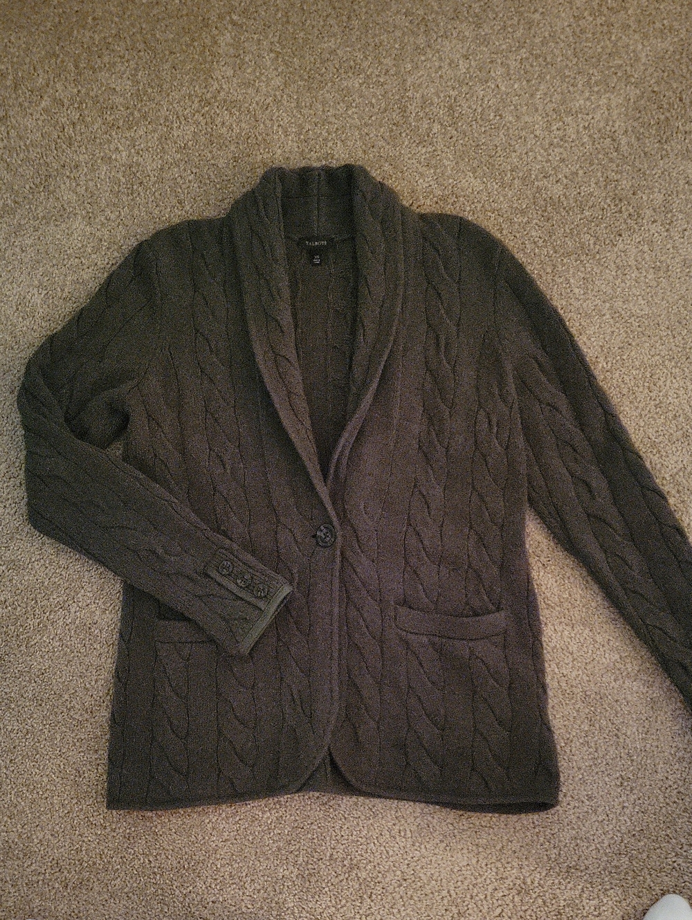 Talbots Cable Knit XS Shawl Collar Sweater - Dark Olive
